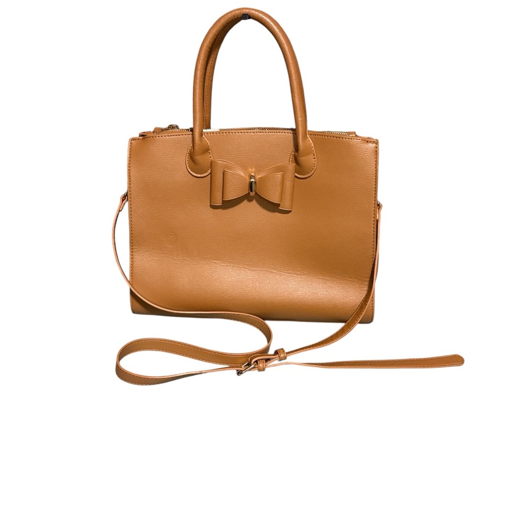 Miztique Camel Tan Saffiano Vegan Leather Bow Satchel Crossbody Bag Tote EUC